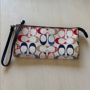 Coach Multicolor Signature Logo Wristlet in Red, Navy, Tan, Cream (7-3/4”)